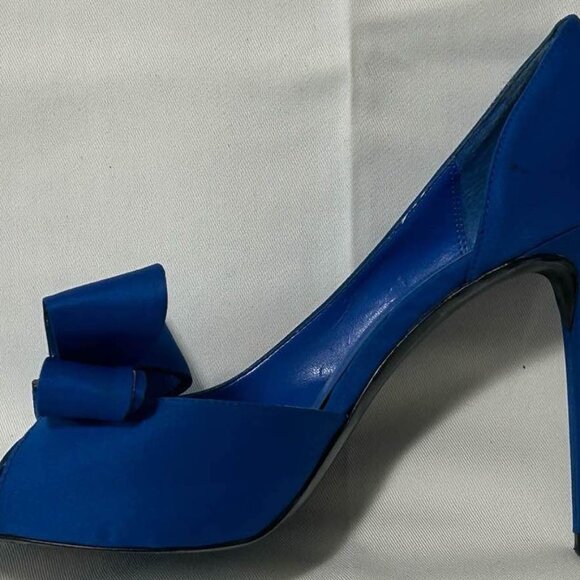 Michael - Blue Satin Peep-Toe Pumps with Bow Accent - Picture 3 of 5